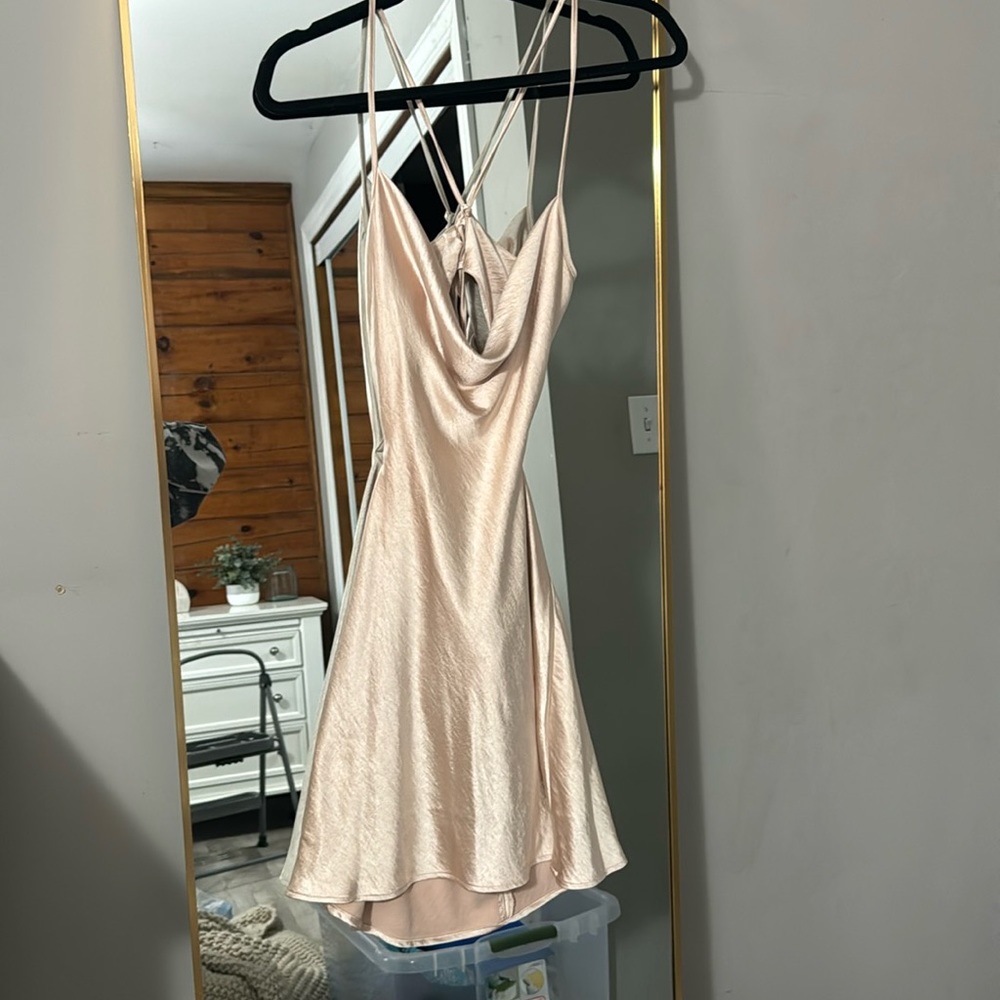Open back thick satin champagne colored midi dress